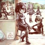  6+girls absurdres album_cover animal_ears ankle_boots bangs bara_bara_(pop_pop) bear_ears bear_girl bear_tail bob_cut boots bow bowtie breasts brown_bear_(kemono_friends) character_request cleavage collared_shirt commentary cover curly_hair day elbow_gloves expressionless fingerless_gloves gloves hands_on_hips hatching_(texture) high_heel_boots high_heels highres horse_ears horse_girl horse_tail japanese_black_bear_(kemono_friends) kemono_friends long_hair looking_at_viewer lying medium_breasts miniskirt multicolored_hair multiple_girls navel necktie on_back on_ground open_mouth open_toe_shoes outdoors parody penguins_performance_project_(kemono_friends) pink_floyd plains_zebra_(kemono_friends) pleated_skirt record recursion shirt shoes short_hair short_sleeves sitting sketch skirt small_breasts sneakers standing stool tail toeless_boots two-tone_hair ummagumma white_hair zebra_ears zebra_tail 