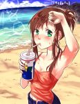  1girl armpits beach blush breasts brown_hair building city cleavage commentary_request cross cup denim drinking drinking_straw eyebrows_visible_through_hair green_eyes jeans long_hair navel ocean open_fly outdoors pants solo sophia_esteed star_ocean star_ocean_till_the_end_of_time sun sweat tank_top tree 