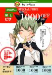  1girl :t anchovy anzio_(emblem) anzio_school_uniform bangs barashiya black_cape black_neckwear black_skirt cape cheese_trail closed_mouth commentary_request dress_shirt drill_hair eating emblem english eyebrows_visible_through_hair facing_viewer fake_ad food girls_und_panzer green_hair highres holding holding_food long_hair long_sleeves mouth_hold necktie pizza red_eyes school_uniform shirt skirt smile solo sparkle standing translation_request twin_drills twintails upper_body white_shirt 