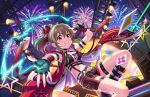  1girl black_gloves blush_stickers boots bow breasts brown_eyes brown_hair card eyebrows_visible_through_hair fingerless_gloves fireworks gloves hair_ribbon highres holster hood hooded_jacket hori_yuuko idolmaster idolmaster_cinderella_girls idolmaster_cinderella_girls_starlight_stage jacket jewelry night night_sky official_art open_clothes open_jacket ponytail ribbon shorts sky smile suspenders 