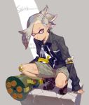  1boy bandaid bandaid_on_knee black_footwear black_jacket boots character_request commentary_request copyright_name crack dated domino_mask grey_hair half-closed_eye holding jacket long_sleeves looking_at_viewer male_focus mask paint_gun ponytail solo splatoon squatting tentacle_hair uneven_eyes yamakawa zipper 