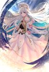  1girl amksaoi anastasia_(fate/grand_order) blue_cloak blue_eyes commentary_request crown doll dress fate/grand_order fate_(series) fur-trimmed_cloak hair_ornament highres long_hair looking_at_viewer mini_crown pixiv_fate/grand_order_contest_2 royal_robe silver_hair solo white_dress 