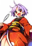  1girl absurdres baba_(baba_seimaijo) brown_eyes commentary_request eyebrows_visible_through_hair highres japanese_clothes kimono long_sleeves looking_at_viewer needle obi open_mouth purple_hair sash short_hair solo sukuna_shinmyoumaru touhou white_background wide_sleeves 