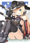  1girl ;d animal bare_shoulders bird bismarck_(kantai_collection) black_panties blonde_hair blue_eyes blue_sky blush breasts brown_gloves cat character_name clouds collarbone cover cover_page detached_sleeves doujin_cover gloves grey_legwear hat kantai_collection long_hair long_sleeves machinery medium_breasts military military_uniform no_bra one_eye_closed oota_yuuichi open_mouth panties pantyshot pantyshot_(sitting) peaked_cap side-tie_panties sideboob sitting sky smile solo star thigh-highs turret underwear uniform unsinkable_sam 