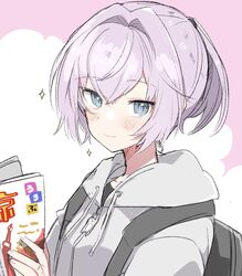  1girl alternate_costume backpack bag blue_eyes book drawstring grey_jacket hair_intakes highres hood hooded_jacket hoodie jacket kantai_collection light_smile looking_at_viewer pink_background pink_hair ponytail shiranui_(kantai_collection) short_hair short_ponytail solo sparkle takeshima_(nia) two-tone_background upper_body white_background 
