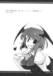  absurdres between_breasts breasts comic demon_wings doujinshi eyebrows_visible_through_hair fangs fumitsuki_(minaduki_6) greyscale head_wings heart highres koakuma long_sleeves monochrome necktie necktie_between_breasts short_hair solo touhou translation_request white_background wings 