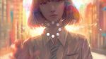  1girl bangs blue_neckwear blurry blurry_background bob_cut brown_eyes brown_hair collared_shirt commentary_request depth_of_field hand_up looking_at_viewer motion_blur necktie original school_uniform shirt short_hair solo wataboku white_shirt wing_collar 