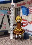  1girl absurdres american_flag blonde_hair highres kide_koushin kurodani_yamame license_plate long_sleeves looking_at_viewer mary_janes route_66 shoes smile touhou 