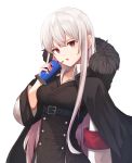  1girl belt black_cape cape collarbone drinking_straw eyebrows_visible_through_hair girls_frontline hair_between_eyes highres holding hooded index_finger_raised kar98k_(girls_frontline) long_hair open_mouth red_eyes silver_hair simple_background solo sugar_(dndi888) upper_body very_long_hair white_background 
