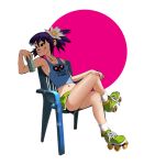  1girl bikini_tan black_eyes brand_name_imitation breasts camisole can chair clothes_writing erect_nipples fang flower full_body gorillaz hair_flower hair_ornament hello_kitty legs_crossed no_bra noodle_(gorillaz) older philip_bawasanta ponytail purple_hair roller_skates short_shorts shorts sideboob simple_background sitting skates small_breasts socks soda_can solo tan tanline 