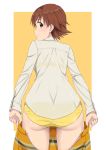  1girl absurdres ass back bangs bralines brown_eyes brown_hair closed_mouth collared_shirt commentary cowboy_shot crotch_seam dress_shirt from_behind highres honda_mio idolmaster idolmaster_cinderella_girls idolmaster_cinderella_girls_starlight_stage k-ya. long_sleeves looking_at_viewer looking_back miniskirt open_clothes open_skirt panties plaid plaid_skirt pleated_skirt pulled_by_self shirt short_hair simple_background skirt skirt_pull smile solo standing underwear white_shirt yellow_background yellow_panties yellow_skirt 