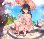  .hack// .hack//g.u. 1girl :d brown_hair cherry_blossoms commentary_request detached_pants eyebrows_visible_through_hair fan fence folding_fan hair_ornament hanami_dango_(zzldango) highres holding holding_fan jewelry jian_xia_qing_yuan_online_3 long_sleeves looking_at_viewer necklace ocean one_eye_closed open_mouth oriental_umbrella picnic_basket red_footwear shoes sitting smile solo stairs tree umbrella water watermark wide_sleeves yellow_eyes 