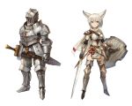  1girl animal_ears armor armored_boots boots brown_eyes brown_legwear cape full_armor full_body grey_hair helmet highres holding holding_shield holding_sword holding_weapon looking_at_viewer original sheath sheathed shield simple_background sookmo standing sword thigh-highs thigh_boots weapon white_background white_cape 