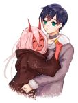  1boy 1girl black_cloak black_hair blue_eyes cloak coat commentary_request couple darling_in_the_franxx eyebrows_visible_through_hair fur_trim green_eyes hetero hiro_(darling_in_the_franxx) hood hooded_cloak horns hug long_hair oni_horns parka pink_hair red_horns red_skin short_hair spoilers victor118 winter_clothes winter_coat younger zero_two_(darling_in_the_franxx) 
