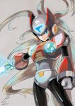  1boy android blue_eyes capcom clenched_hand cowboy_shot dated energy_blade energy_sword gloves grey_background helmet highres holding lightsaber long_hair male_focus outstretched_arms power_armor rockman rockman_x signature simple_background smile solo sumomo sword weapon white_gloves zero_(rockman) 