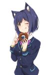  1girl ;q absurdres animal_ears bangs blazer blue_hair blue_jacket blush bow cat_ears doughnut eating food food_on_face fujita_758634 highres index_finger_raised jacket looking_at_viewer nijisanji one_eye_closed purple_bow school_uniform shizuka_rin short_hair simple_background smile solo tongue tongue_out virtual_youtuber white_background yellow_eyes 