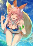  1girl ;d animal_ears azaka_(rionrita) bikini blue_bikini bracelet breasts fate/grand_order fate_(series) fox_ears fox_tail hanging_breasts highres jewelry leaning_forward long_hair looking_at_viewer medium_breasts navel one_eye_closed open_mouth pink_hair shiny shiny_skin smile solo swimsuit tail tamamo_(fate)_(all) tamamo_no_mae_(fate) water yellow_eyes 
