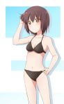  1girl bikini black_bikini black_eyes black_hair feet_out_of_frame flat_chest funami_yui hand_on_hip looking_at_viewer ren_kon short_hair solo standing swimsuit two-tone_background white_background yuru_yuri 