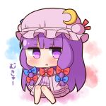  1girl :o bangs barefoot blue_bow blush bow chibi commentary_request crescent crescent_moon_pin dress eyebrows_visible_through_hair full_body hair_bow hana_kazari hat jitome long_hair long_sleeves looking_at_viewer mob_cap parted_lips patchouli_knowledge pink_dress pink_hat purple_hair red_bow sleeves_past_fingers sleeves_past_wrists solo striped touhou translated vertical_stripes very_long_hair violet_eyes 
