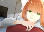  1girl blurry blurry_background brown_hair doki_doki_literature_club eba_games eyes_visible_through_hair green_eyes hair_ornament indoors looking_at_viewer monika_(doki_doki_literature_club) ribbon smile solo white_ribbon 