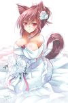  1girl alternate_costume alternate_hairstyle animal_ears bare_shoulders blush bouquet breasts bride brooch brown_hair cleavage commentary_request dated dress flower hair_flower hair_ornament hair_up highres imaizumi_kagerou jewelry large_breasts necklace off_shoulder red_eyes rose signature sitting smile solo sparkle tail touhou wedding_dress white_dress white_flower white_rose wolf_ears wolf_tail yamu_(reverse_noise) 