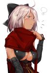 1girl ? ahoge arm_guards black_bow bow breasts cleavage cleavage_cutout commentary_request dark_skin fate/grand_order fate_(series) grey_eyes hair_bow highres koha-ace large_breasts majin_saber okita_souji_(fate) okita_souji_alter_(fate) red_scarf scarf short_hair silver_hair solo tagme uno_ryoku 