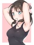  1girl armpits arms_up bang_dream! bangs black_hair black_tank_top blue_eyes hair_ornament hair_tie hair_tie_in_mouth hairclip hands_in_pockets highres looking_at_viewer medium_hair mouth_hold okusawa_misaki pink_background shd_(user_rshh2222) simple_background solo tank_top upper_body 