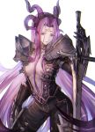  1girl armor balmung_(fate/apocrypha) belt black_clothes black_pants breasts center_opening cleavage cosplay curled_horns facial_mark fate/apocrypha fate/stay_night fate_(series) forehead_mark gauntlets holding holding_sword holding_weapon long_hair looking_at_hand medium_breasts pants pauldrons purple_hair rider siegfried_(fate) siegfried_(fate)_(cosplay) solo sword tenyo0819 very_long_hair violet_eyes weapon white_background 