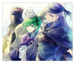  1girl bird blue_eyes blush book boots cape feh_(fire_emblem_heroes) fire_emblem fire_emblem:_rekka_no_ken fire_emblem_heroes gloves green_hair hairband jaffar_(fire_emblem) kro looking_at_viewer nino_(fire_emblem) open_mouth pegasus_knight purple_hairband redhead short_hair skirt smile 