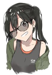  1girl black_hair brown_eyes commentary_request glasses green_jacket grey_shirt grin head_tilt highres jacket kantai_collection looking_at_viewer masukuza_j off_shoulder one_eye_closed sendai_(kantai_collection) shirt simple_background sleeveless sleeveless_shirt smile solo twintails upper_body white_background 