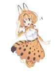  1girl absurdres animal_ears animal_ears_(artist) bare_shoulders blonde_hair bow bowtie commentary_request elbow_gloves eyebrows_visible_through_hair fang gloves highres jumping kemono_friends korean multicolored_hair paw_pose serval_(kemono_friends) serval_ears serval_print serval_tail short_hair skirt sleeveless solo tail thigh-highs translation_request 
