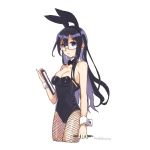  1girl animal_ears black_hair blue_eyes blush bow bowtie breasts bunnysuit closed_mouth dress glasses hair_between_eyes kantai_collection long_hair looking_at_viewer medium_breasts mogamiya_honu no_bra ooyodo_(kantai_collection) pencil rabbit_ears short_dress simple_background white_background 