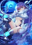  1girl bison_cangshu blue_eyes boots bow breasts covered_mouth fate/extra fate/extra_ccc fate/grand_order fate_(series) greaves hair_bow juliet_sleeves long_hair long_sleeves looking_at_viewer meltlilith midriff navel puffy_sleeves purple_hair revealing_clothes small_breasts solo spikes thigh-highs thigh_boots white_bow 