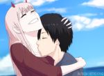  1boy 1girl bangs black_hair closed_eyes commentary couple darling_in_the_franxx grey_shirt hand_on_another&#039;s_back hand_on_own_head hetero hiro_(darling_in_the_franxx) hug kiss long_hair neck_kiss oni_horns pink_hair red_horns red_shirt retroryno shirt short_hair zero_two_(darling_in_the_franxx) 