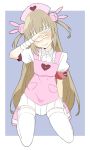  1girl absurdres apron armband bandage blush bunny_hair_ornament buttons closed_mouth collared_shirt covered_eyes donguri_suzume hair_ornament hat heart highres kneeling light_brown_hair long_hair natori_sana nurse_cap pink_apron pink_hat puffy_short_sleeves puffy_sleeves sana_channel shirt short_sleeves simple_background skirt slippers smile solo thigh-highs thighs two_side_up virtual_youtuber white_legwear white_skirt zettai_ryouiki 