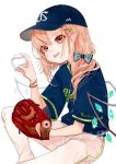  1girl :p alternate_costume ball baseball baseball_cap baseball_glove blonde_hair blue_hat blue_shirt bow commentary_request contemporary crystal flandre_scarlet gotoh510 hair_bow hair_ornament hairclip hand_up hat head_tilt holding holding_ball looking_at_viewer medium_hair nippon_professional_baseball pants pointy_ears red_eyes shirt short_sleeves simple_background sitting solo striped striped_bow tokyo_yakult_swallows tongue tongue_out touhou white_background white_pants wings 