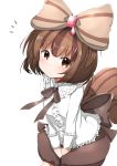  1girl between_legs black_ribbon bow brown_eyes brown_hair chokyuruiyu_(show_by_rock!!) expressionless flat_chest frilled_shirt frilled_shirt_collar frills hair_bow hand_between_legs hands_together head_tilt highres light_blush long_sleeves looking_at_viewer luluhavinera multicolored_hair notice_lines ribbon shirt short_hair shorts show_by_rock!! simple_background solo squirrel_tail streaked_hair striped striped_bow tail v_arms white_background white_shirt 