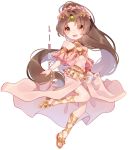  bangs bare_shoulders brown_eyes brown_hair chibi cleavage_cutout commission fire_emblem fire_emblem:_mystery_of_the_emblem flower frills full_body hair_flower hair_ornament jumping lilianei linda_(fire_emblem) long_hair looking_at_viewer open_mouth ponytail smile 
