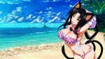  1girl animal_ears beach bikini black_hair breasts cat_ears cat_tail cleavage erect_nipples eyewear_in_mouth eyewear_removed hair_rings hairband high_school_dxd highres kuroka_(high_school_dxd) large_breasts lipstick makeup midriff mouth_hold multiple_tails navel o-ring o-ring_bottom ocean purple_lipstick sky slit_pupils solo sunglasses swimsuit tail wallpaper water yellow_eyes 