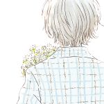  1boy baby&#039;s-breath black_hair blue_shirt bouquet collared_shirt facing_away flower from_behind itunohika male_focus original plaid shirt simple_background solo upper_body wavy_hair white_background white_flower 