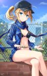 1girl :3 ahoge artoria_pendragon_(all) bangs baseball_cap bikini_top black_hat blonde_hair blue_eyes blue_jacket blue_scarf blurry blush bokeh breasts clouds day depth_of_field excalibur fate/grand_order fate_(series) flower front-tie_top hair_between_eyes hair_through_headwear hat holding holding_sword holding_weapon jacket legs_crossed looking_to_the_side medium_breasts mysterious_heroine_x navel open_clothes outdoors ponytail rin_yuu saber scarf sidelocks sitting sky solo sword track_jacket weapon 