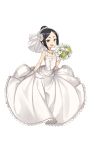  1girl :d arm_at_side bare_shoulders black_eyes black_hair bouquet dress earrings flower full_body gloves hair_bun hair_flower hair_ornament highres holding holding_bouquet jewelry looking_at_viewer necklace official_art open_mouth princess_principal princess_principal_game_of_mission short_hair smile solo toudou_chise transparent_background white_dress white_gloves 