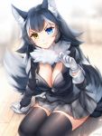  1girl animal_ears black_hair blue_eyes blush breasts cleavage fur_collar fur_trim gigamessy gloves grey_wolf_(kemono_friends) kemono_friends long_hair long_sleeves multicolored_hair necktie skirt tail thigh-highs white_hair yellow_eyes 