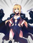  1girl :d ahoge artoria_pendragon_(all) blonde_hair bow breasts choker cleavage commentary_request cosplay dress emphasis_lines fate/grand_order fate_(series) gloves green_eyes grey_background hair_bow hand_on_hip jacket_on_shoulders long_hair nero_claudius_(fate) nero_claudius_(fate)_(all) open_mouth qiang_jiyu saber_alter saber_alter_(cosplay) smile solo tagme twitter_username 