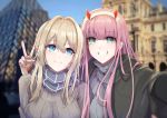  2girls absurdres arm_around_neck bangs black_coat blonde_hair blue_eyes blue_sky blurry blurry_background braid breasts brown_sweater changpan_hutao coat darling_in_the_franxx fang green_eyes grey_sweater grin hair_between_eyes highres long_hair medium_breasts multiple_girls open_clothes open_coat outdoors outstretched_arm pink_hair red_horns scarf self_shot sky smile striped striped_scarf sweater v violet_evergarden violet_evergarden_(character) zero_two_(darling_in_the_franxx) 