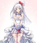  1girl alternate_costume amagi_(amagi626) bare_arms bare_shoulders black_bow blue_eyes blue_flower blue_ribbon blue_rose blush bouquet bow braid breasts bridal_veil cleavage commentary_request dress eyebrows_visible_through_hair floral_print flower garter_straps gradient gradient_background hair_bow hair_ribbon highres holding holding_bouquet holding_flower izayoi_sakuya large_breasts looking_at_viewer maid_headdress parted_lips pink_background pink_legwear red_bow red_ribbon ribbon rose short_hair silver_hair sleeveless sleeveless_dress solo sparkle thigh-highs touhou twin_braids veil wedding_dress white_background white_dress white_ribbon 