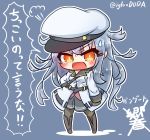  asimo953 belt black_legwear blue_background blush boots chibi eyebrows_visible_through_hair gangut_(kantai_collection) grey_hair hair_ornament hairclip hat highres kantai_collection long_hair military military_jacket military_uniform miniskirt naval_uniform open_mouth pantyhose peaked_cap red_shirt shirt simple_background skirt translation_request uniform 