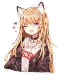  1girl ;p animal_ears black_jacket blonde_hair blue_eyes collar fox_ears highres hood hoodie jacket kmnz_lita long_hair mc_lita no_hat no_headwear off_shoulder one_eye_closed open_clothes open_jacket paw_print simple_background sukemyon tongue tongue_out virtual_youtuber white_background 