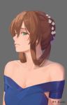  1girl alternate_costume artist_name bangs bare_shoulders blue_dress braid breasts brown_hair cleavage commentary_request crown_braid dress eyebrows_visible_through_hair flower girls_frontline green_eyes grey_background hair_between_eyes hair_flower hair_ornament hair_ribbon hair_rings highres large_breasts long_hair looking_at_viewer m1903_springfield_(girls_frontline) parted_lips revision ribbon sidelocks simple_background smile solo xu_ni 