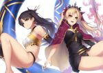  2girls :d bare_shoulders black_legwear black_panties blonde_hair bow breasts cape closed_mouth commentary_request detached_sleeves earrings enosan ereshkigal_(fate/grand_order) fang fate/grand_order fate_(series) hair_bow hair_ribbon heavenly_boat_maanna highres ishtar_(fate/grand_order) jewelry long_hair looking_at_viewer medium_breasts multiple_girls necklace open_mouth panties red_bow red_cape red_ribbon revision ribbon simple_background single_thighhigh skull smile thigh-highs thighs tiara tohsaka_rin twintails underwear weapon white_background yellow_eyes 